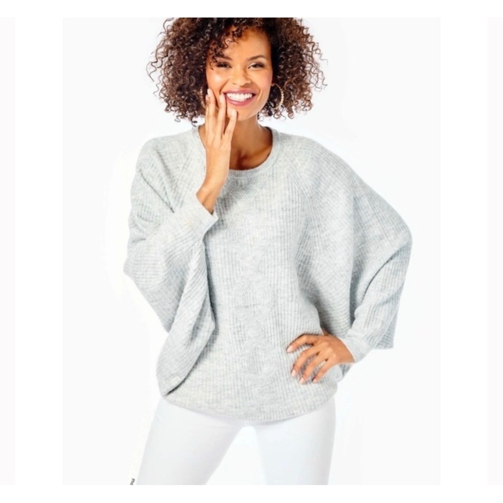 A17 Lilly Pulitzer Grey Ribbed Batwing Sweater Diamond Cable Knit Pullover Large